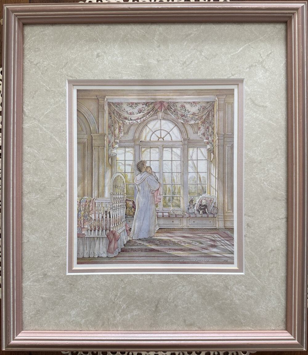 Vintage Framed Nursery Art Print Mother Baby 1988 Trisha Romance “Bright Eyes”